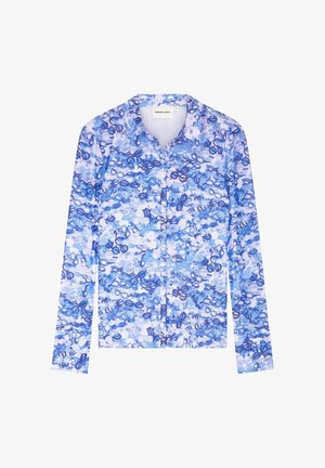 Overhemd met lange mouwen, knoopsluiting, blauw-wit abstract cirkelpatroon en een puntkraag.