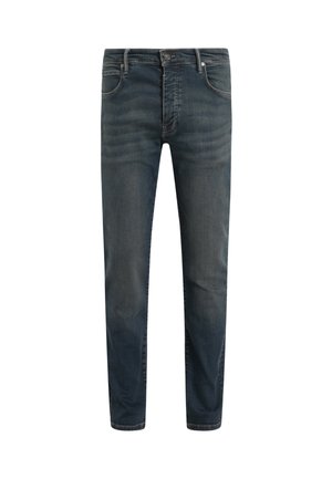 Mørkeblå denim jeans med regular fit, der har forlommer, lynlås og diskret falmning på lårerne.