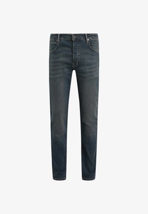 Dunkelblaue Denim-Jeans mit regulärer Passform, ausgestattet mit Vorderaschen, einem Reißverschluss und sanften Verfärbungen an den Oberschenkeln.