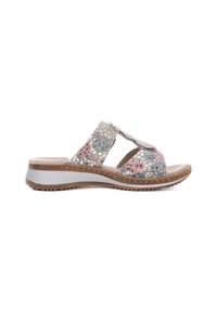 Open-toe sandals with a multi-colored, perforated synthetic upper, cushioned insole, and a textured rubber sole; features adjustable straps.