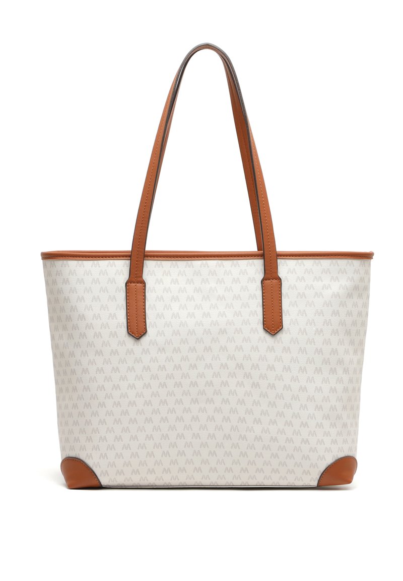 Witte tote bag met herhaald lichtgrijs logo-patroon, bruine leren accenten en lange, bruine handvatten; gestructureerde vorm met hoek piping.