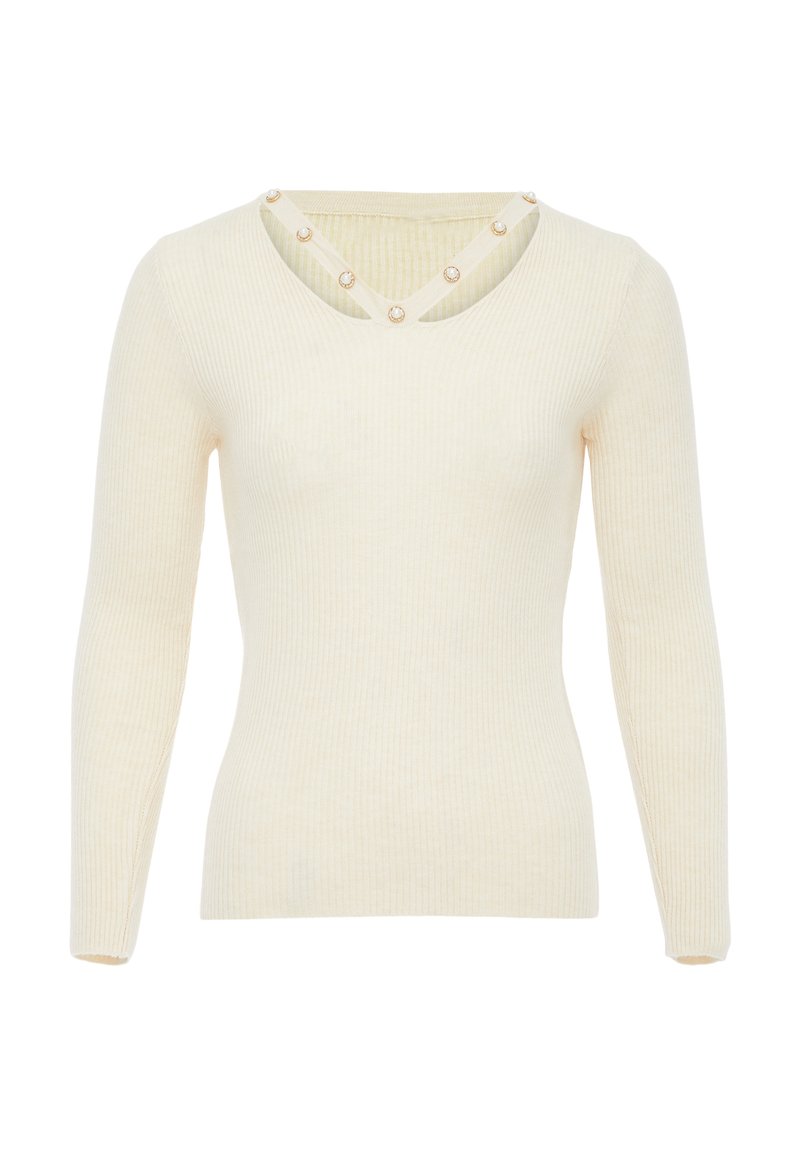 Maglione a maniche lunghe color crema a coste con scollatura a V e bottoni decorativi lungo il colletto. Texture morbida e design aderente.