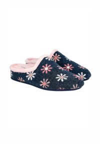 Zapatillas azul marino de tipo slip-on con un suave forro rosa, que presentan bordados florales coloridos en blanco y rosa, tela texturizada y una suela flexible.