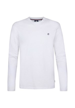 Wit shirt met lange mouwen en een ronde hals, met een klein zwart logo op de linkerborst en een label aan de onderkant.