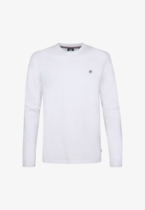 Wit shirt met lange mouwen en een ronde hals, met een klein zwart logo op de linkerborst en een label aan de onderkant.