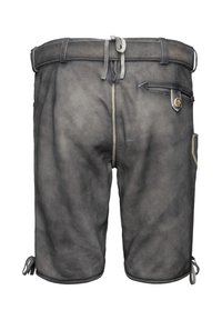 Graue Lederst Shorts mit glatter Textur, Gürtelschlaufen, Knopfdetails an den Taschen und verstellbaren Bindebändern am Saum.