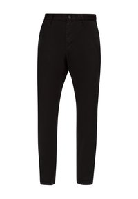 Pantalones negros de tela suave con un corte ajustado, que cuentan con un cierre frontal de botón, bolsillos laterales inclinados y un tobillo ajustado.
