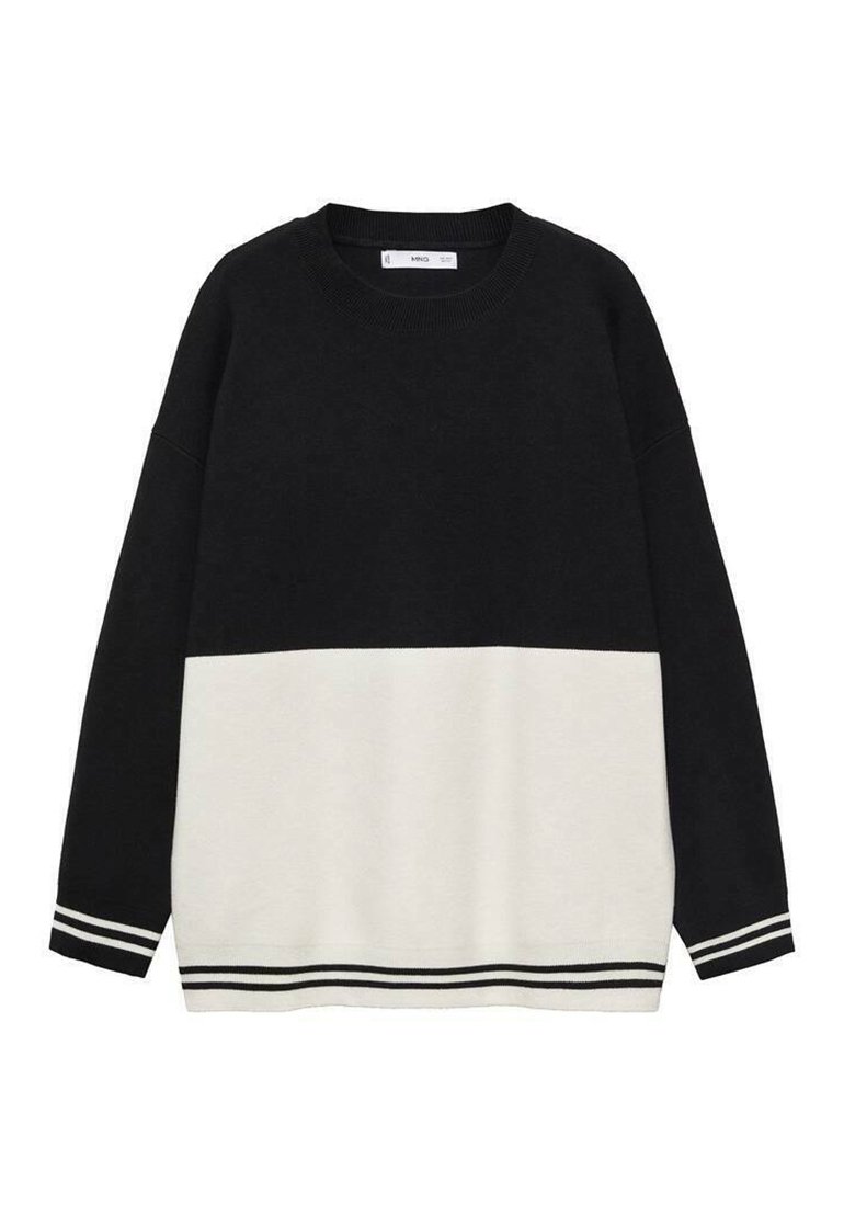 Zwart-witte kleur-geblokkeerde sweatshirt met een geribbelde ronde hals, lange mouwen en gestreepte accenten bij de mouwen en onderkant. Zachte textuur.