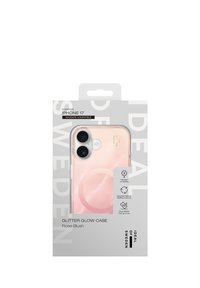 Custodia per iPhone 17 con glitter rosa che sfumano, con doppio ritaglio per fotocamera, confezionata in scatola grigia con etichetta "Compatibile MagSafe" e testata contro cadute.