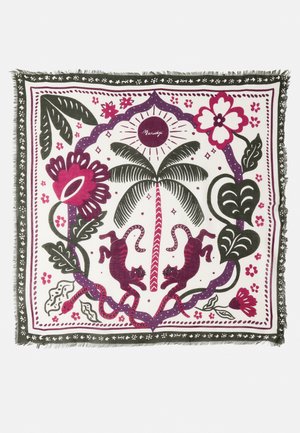 Square silk scarf featuring a white background with purple and pink floral and animal patterns, accented by green leaves and a fringed edge.