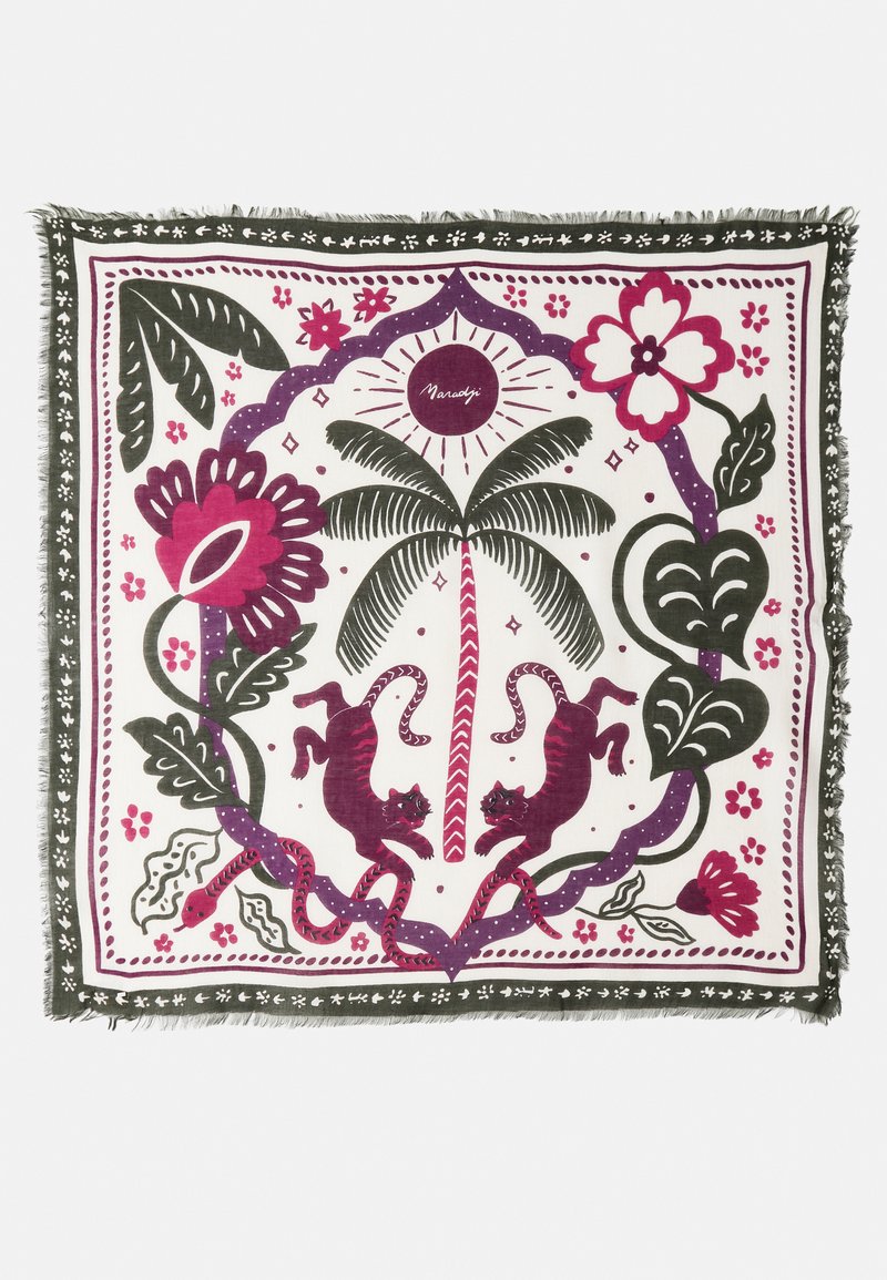 Foulard en soie carré avec un fond blanc orné de motifs floraux et animaliers violets et roses, rehaussé de feuilles vertes et d'un bord à franges.