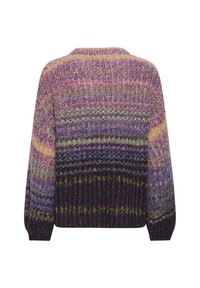 Kootud kampsun, mis on kaunistatud mitmevärvilise mustriga lilla, roosa ja kollase varjundites. Paks tekstuur ja lõtv istuvus, ribakujuliste varrukate otstega.