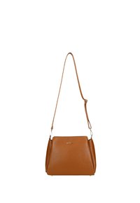 Borsa a mano in pelle color cuoio con design strutturato, tracolla regolabile e hardware in tonalità oro. Presenta una texture granulosa e una base larga per la stabilità.