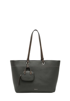 Schwarze strukturierte Ledertasche mit langen braunen Griffen und einer kleinen vorderen Tasche mit Reißverschluss.