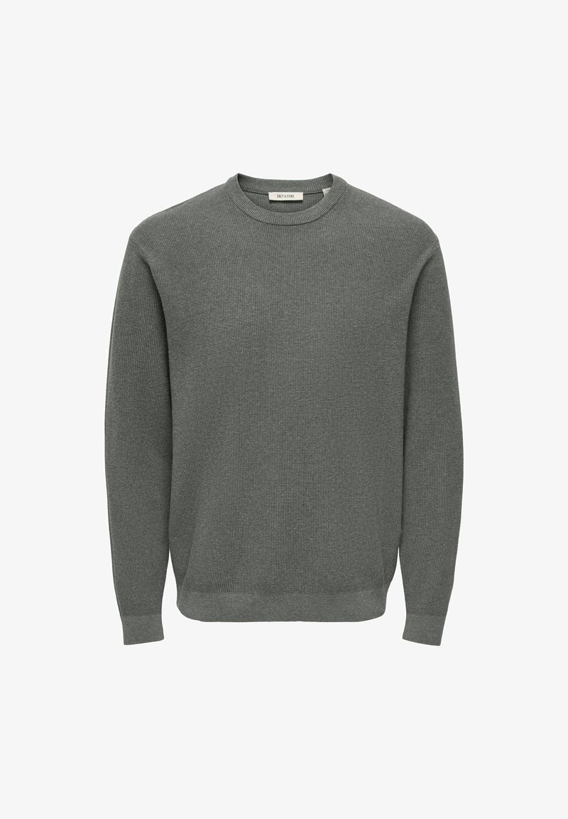 Pull gris foncé en tricot à manches longues avec col rond, poignets et ourlet côtelés, présenté sur un fond blanc uni.