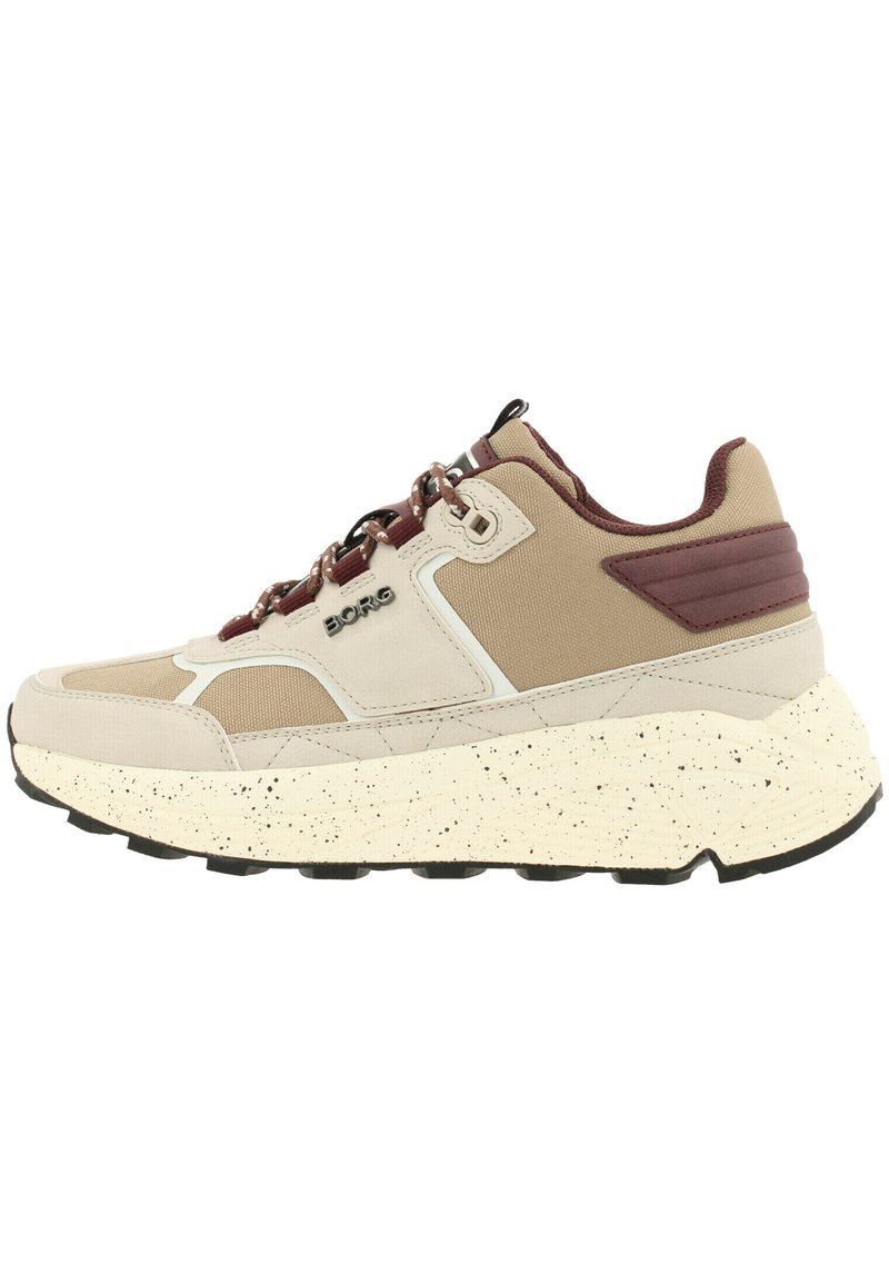 Beige and maroon sneaker with textile and rubber materials, layered design, speckled midsole, and contrasting eyelets and accents.