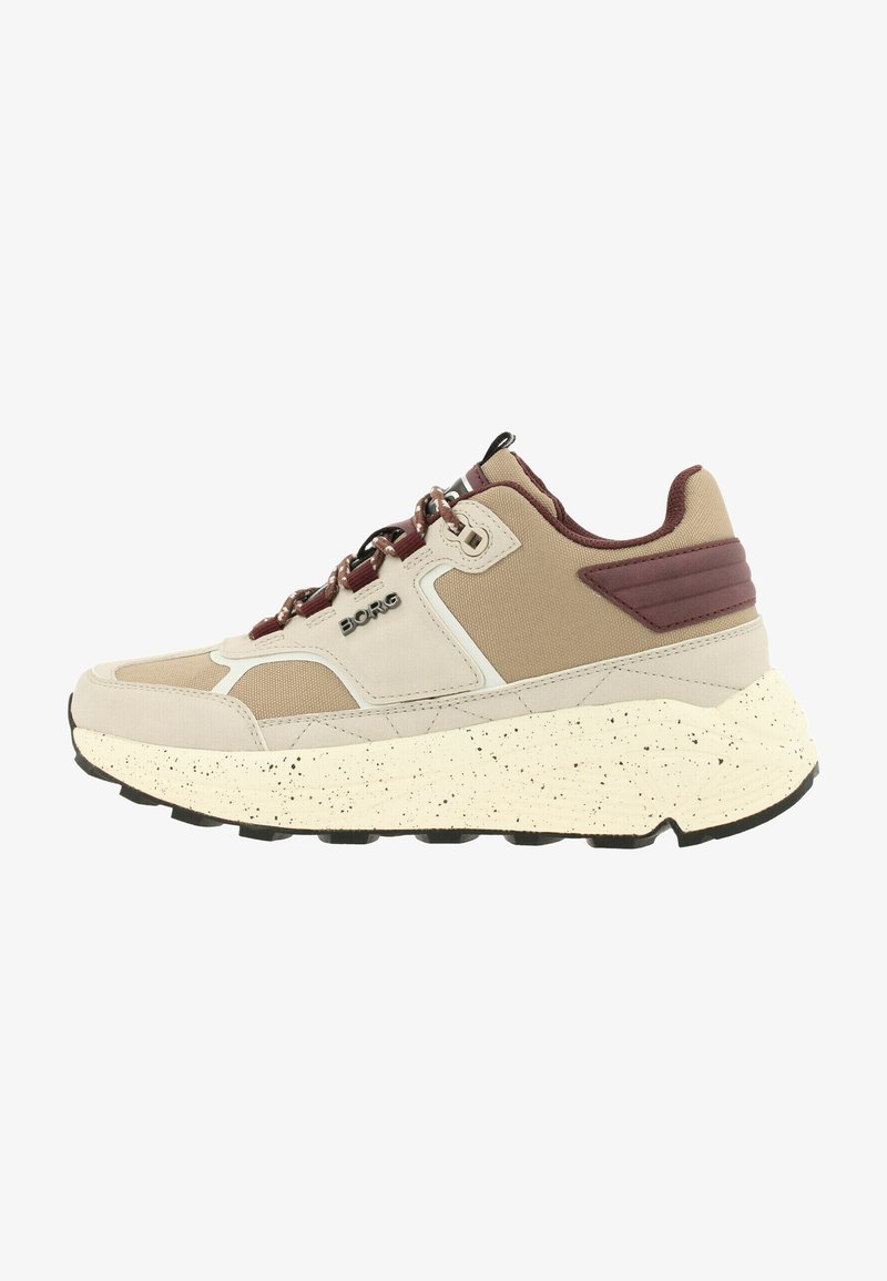 Beige and maroon sneaker with textile and rubber materials, layered design, speckled midsole, and contrasting eyelets and accents.