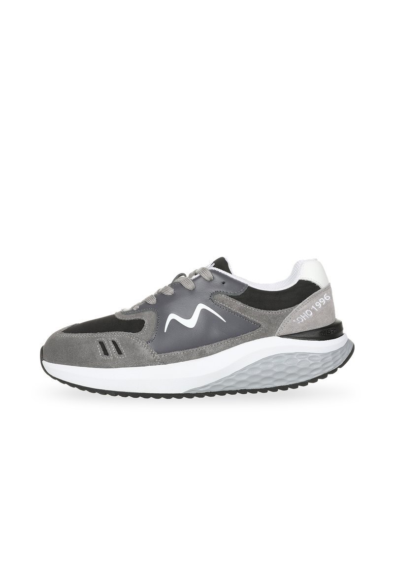Grey sports shoe featuring a combination of suede and mesh materials, sleek design, black accents, and textured sole with visible lacing.