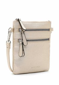 Borsa a tracolla in oro metallizzato realizzata in pelle texturizzata, dotata di due scomparti con zip, piccole zip con tiranti e una tracolla regolabile.