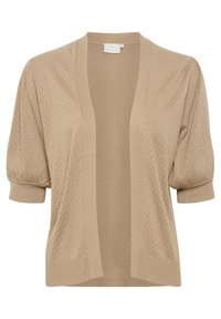 Beige stickad cardigan med korta puffärmar, öppen front och perforerad textur. Har ribbade kanter och två framfickor.