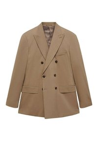 Blazer beige doppiopetto realizzato in tessuto testurizzato, caratterizzato da due tasche frontali, rever a punta e bottoni marroni. Design leggero.