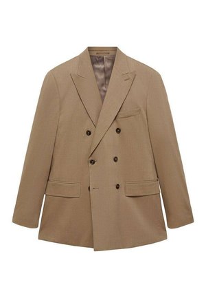 Double-breasted beige blazer made of textured fabric, featuring two front pockets, notched lapels, and brown buttons. Lightweight design.