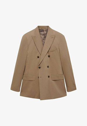 Dwurzędowa beżowa marynarka wykonana z teksturowanej tkaniny, z dwoma przednimi kieszeniami, klapami oraz brązowymi guzikami. Lekka konstrukcja.