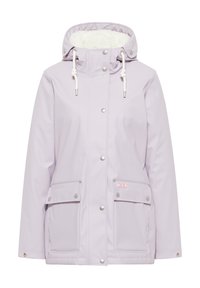 Giacca impermeabile di un morbido viola chiaro, con fodera in pile bianco, cappuccio regolabile, chiusure a bottoni automatici e due tasche frontali.