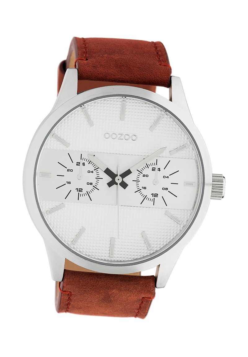 Silver wristwatch with a round case, white textured dial, two subdials, and brown suede strap. Features include silver hour markers and a crown.
