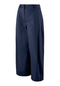 Marineblauwe wijde broek van soepel stof, met een rechte snit, riemlussen en zijzakken zonder zichtbare patronen of accenten.