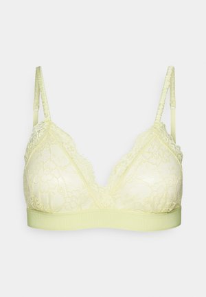 Spitzen-Bralette in Hellgelb, mit weichen Cups, verstellbaren Trägern und einem elastischen Band unter der Brust. Florales Muster auf der Spitze.