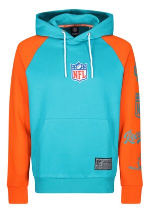 Hættebluse med en turkis krop og orange ærmer. NFL-logo på brystet, lomme foran og trykte detaljer på ærmerne. Blødt stof.