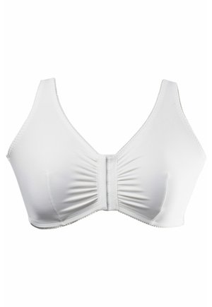 Witte draadloze bh met een zachte stof, brede banden, een geplooid middenstuk en een haak-en-oogsluiting op de achterkant voor extra ondersteuning.