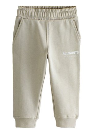 Beige Sweatpants mit elastischem Bund, Seitentaschen, gerippten Bündchen und weißem AllSaints-Logo am oberen rechten Oberschenkel.