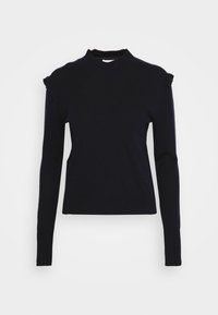 Czarny dopasowany sweter z długim rękawem, z podwyższonym kołnierzem i delikatnym falbankowym zdobieniem na szwach barkowych.