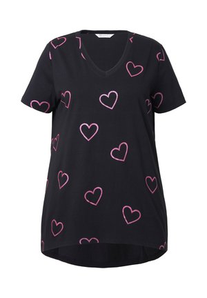 T-shirt nera a maniche corte con scollo a V, dalla vestibilità ampia, caratterizzata da motivi a cuore contornati di rosa. Materiale in cotone morbido, orlo alto-basso.