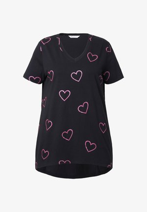 T-shirt nera a maniche corte con scollo a V, dalla vestibilità ampia, caratterizzata da motivi a cuore contornati di rosa. Materiale in cotone morbido, orlo alto-basso.