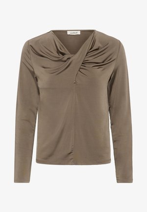Top a maniche lunghe in un morbido tessuto marrone, con dettagli drappeggiati sul colletto e una texture liscia, caratterizzato da una silhouette aderente.