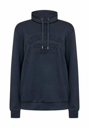 Navy blue sweatshirt with high collar, drawstrings, and embossed "RETROCOLLEGE ATHLETIC DEPT." detail on the front. Soft texture.