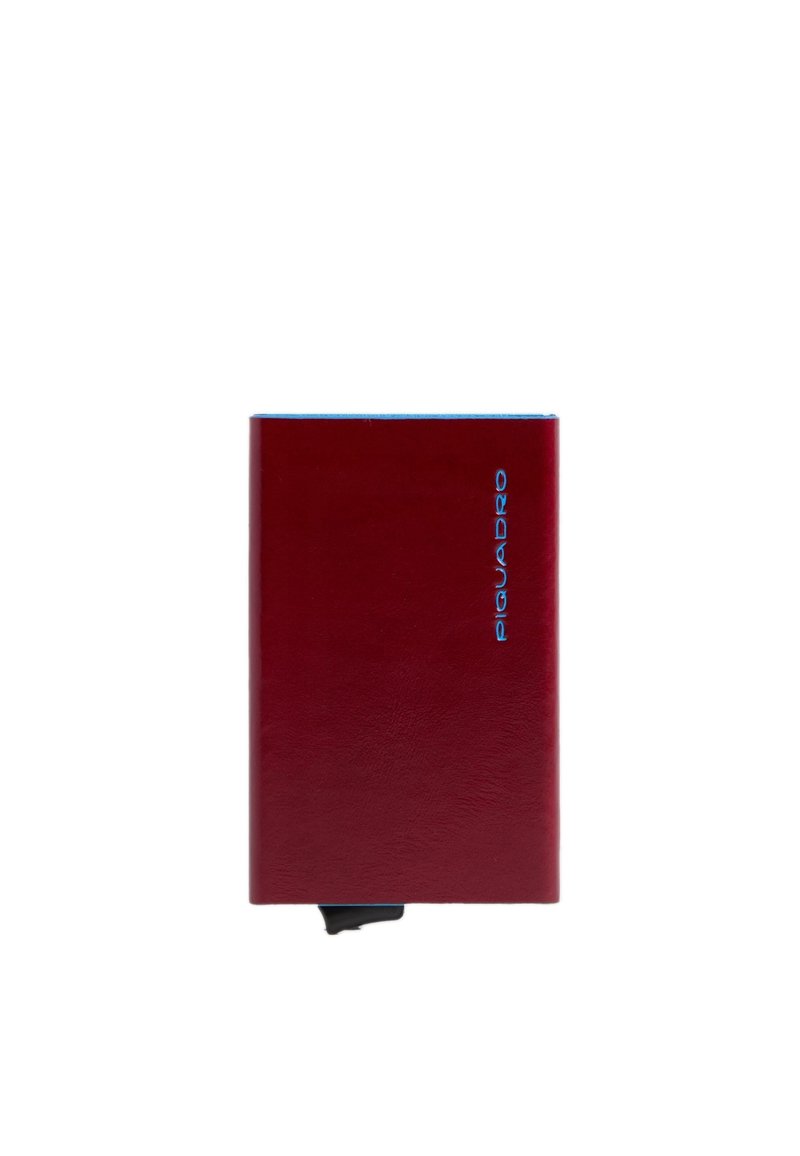 Rode lederen portemonnee met blauwe accenten, met een gladde textuur en een strak ontwerp. Voorzien van het merklogo dat in het leer is geperst aan de voorkant.