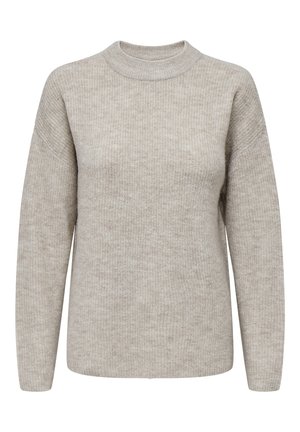 Lys beige strikkegenser med ribbestruktur, rund halsutringning og lange ermer. Enkelt design, mykt materiale og tettsittende silhuett.