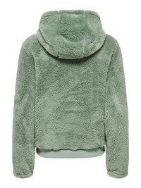 Veste à capuche verte en tissus duveteux avec manches longues et ourlet en bord-côte, vue de dos sur fond blanc.