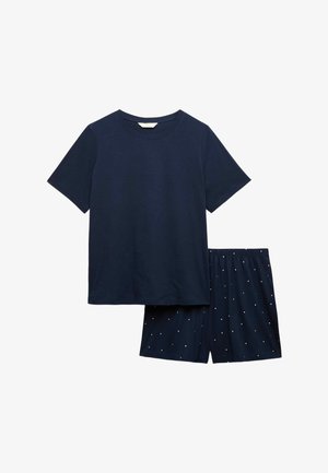 T-shirt bleu marine à manches courtes associé à un short bleu marine avec de petits pois blancs, présenté à plat sur un fond blanc.