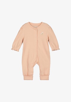 Lyserød ribbet sparkedragt med lange ærmer, flæsekant på manchetterne, trykknapper og en lille blomsterbroderi på brystet.