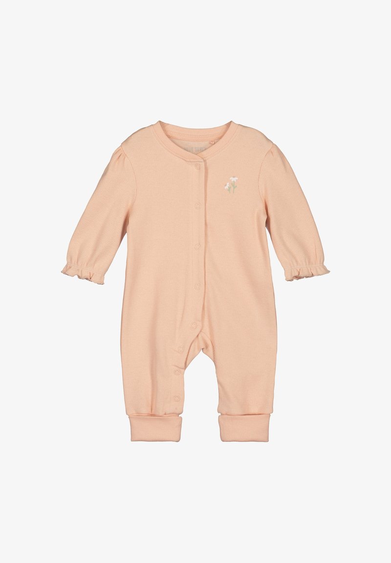 Body côtelé rose clair à manches longues, avec des poignets volantés, des boutons-pression et une petite broderie florale sur la poitrine.