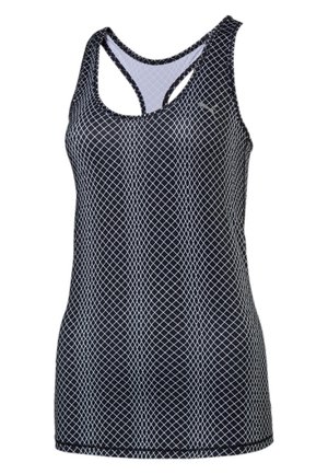 Schwarzes ärmelloses Sport-Tanktop mit weißem, gekreuztem Rautenmuster und Racerback-Stil.