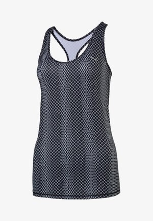 Sort ærmeløs atletisk tanktop med hvidt krydset diamantmønster og racerback-stil.
