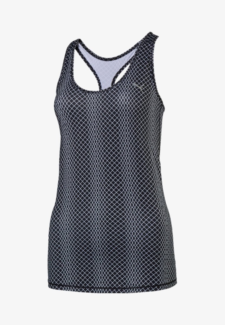 Débardeur de sport noir sans manches avec motif losange blanc en croisillons et style racerback.