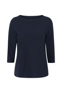 T-shirt blu navy a maniche lunghe con scollatura rotonda e taglio dritto, realizzata in un tessuto morbido e liscio senza motivi o componenti visibili.