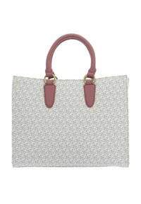 Borsa a spalla grigia con motivo, superficie testurizzata, manici in pelle rosa e dettagli in metallo dorato. Forma rettangolare strutturata.